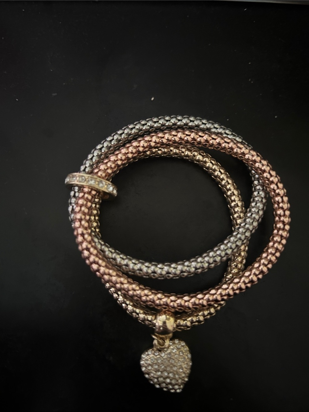 Tri-Tone Crystal Heart Wrap Bracelet - Rose, Gold & Silver